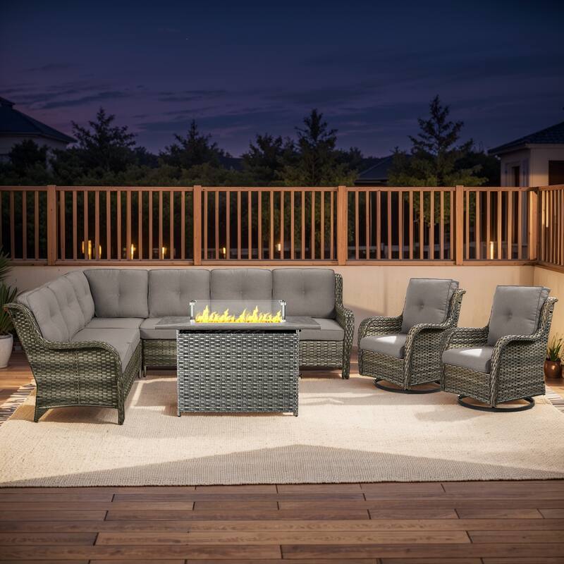 Outdoor 2 Sectional Sofa with Fire Pit Table Set - Sectional Sofa with Rectangular Fire Table - Grey Rattan - Grey Cushion