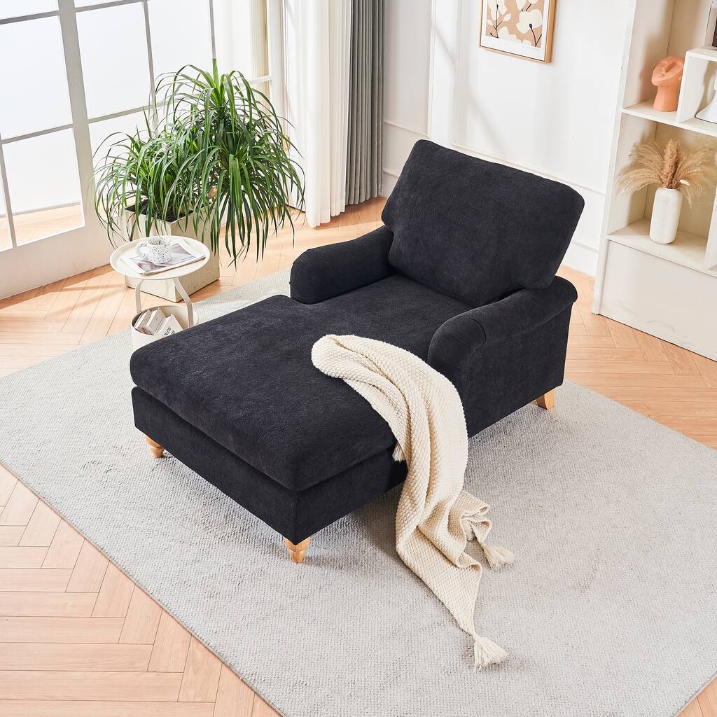 Black 37.4" Upholstered Chaise Lounge Chair with Wood Legs