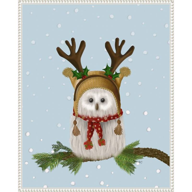 Christmas Fluffy Owl and Antlers by Fab Funky (23 x 28 in.), Framed Canvas Wall Art Print - Sylvie Beaded White