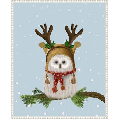 Christmas Fluffy Owl and Antlers by Fab Funky (23 x 28 in.), Framed Canvas Wall Art Print - Sylvie Beaded White