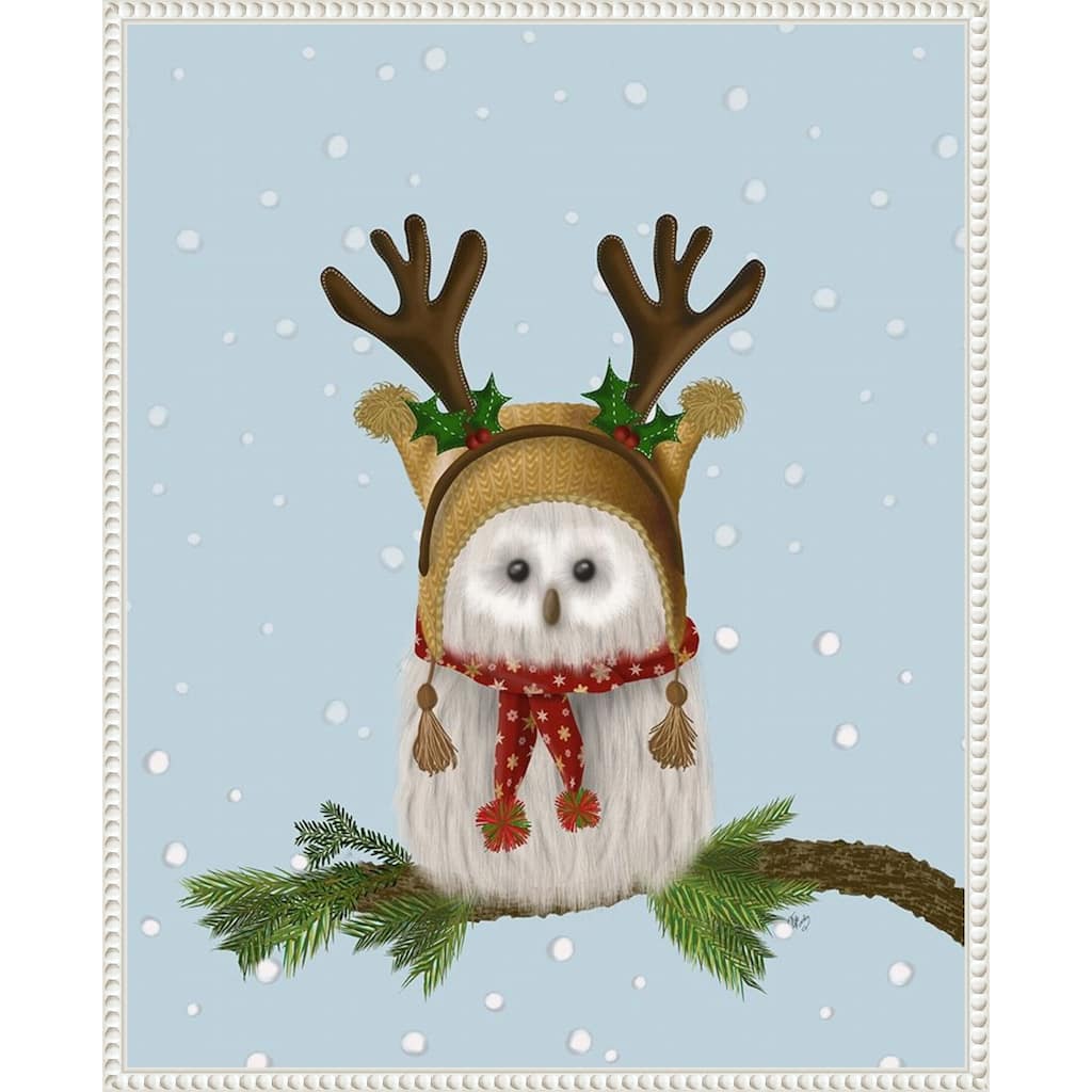 Christmas Fluffy Owl and Antlers by Fab Funky (23 x 28 in.), Framed Canvas Wall Art Print - Sylvie Beaded White
