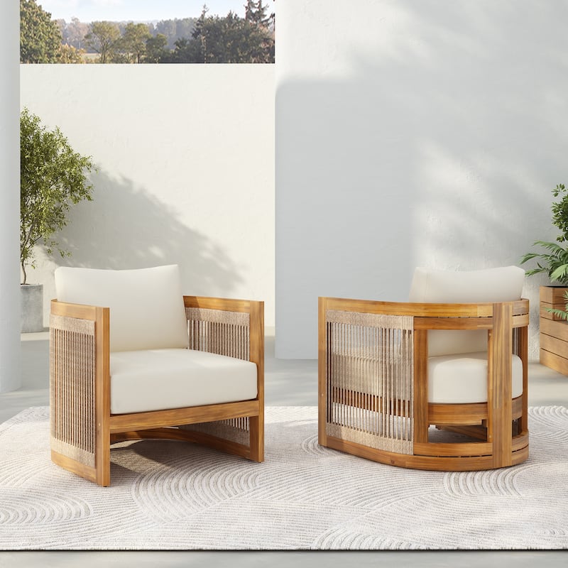 [Set of 2] Premium Acacia Wood Outdoor Club Chair, Curved Tub Design with Woven Rope Accents, Water-Resistant Cushions