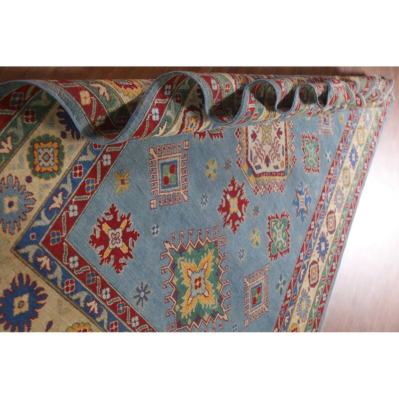 Hand Knotted Oriental 100% Wool Carpet Traditional Geometric Navy Blue & Blues Kazak Area Rug - 9' 6'' X 6' 8''