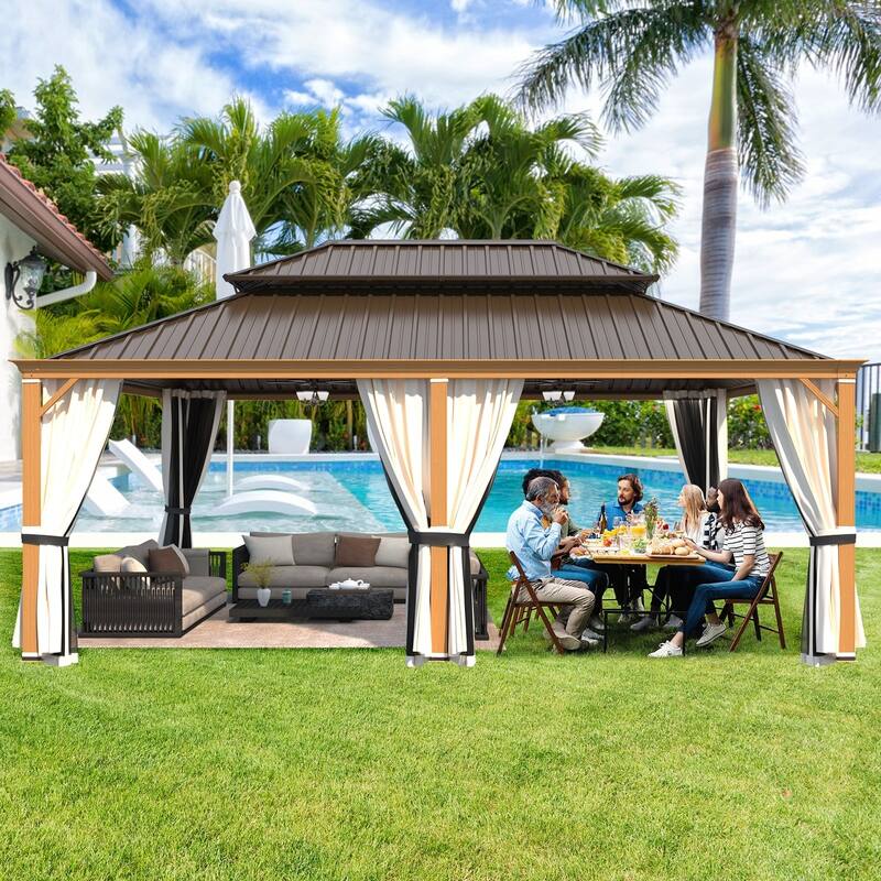 EROMMY Hardtop Patio Gazebo with Double Roof and Privacy Curtains, 12x16 FT Permanent Outdoor Metal Gazebo for Backyard, Deck