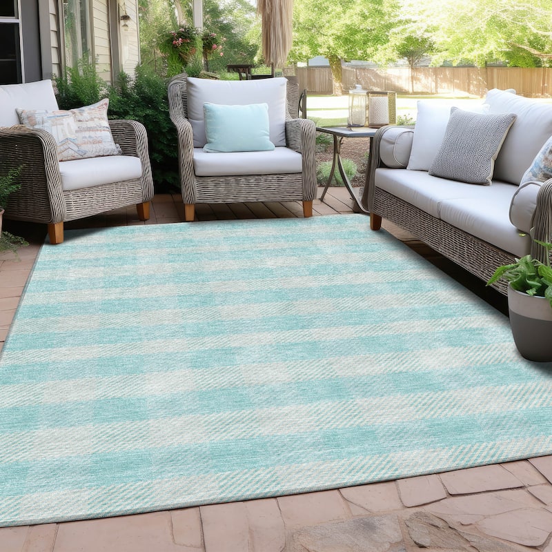 Machine Washable Indoor/ Outdoor Chantille Plaid Stripe Rug - Aqua - 5' x 7'6"