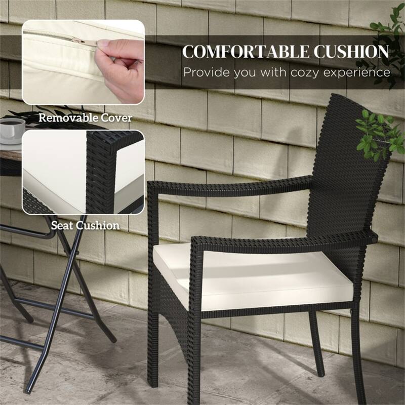 Outdoor 3-Piece Patio Bistro Set with Folding Table and Woven PE Rattan Chairs Included Cushions - 25.6" W x 23.2" D x 35" H