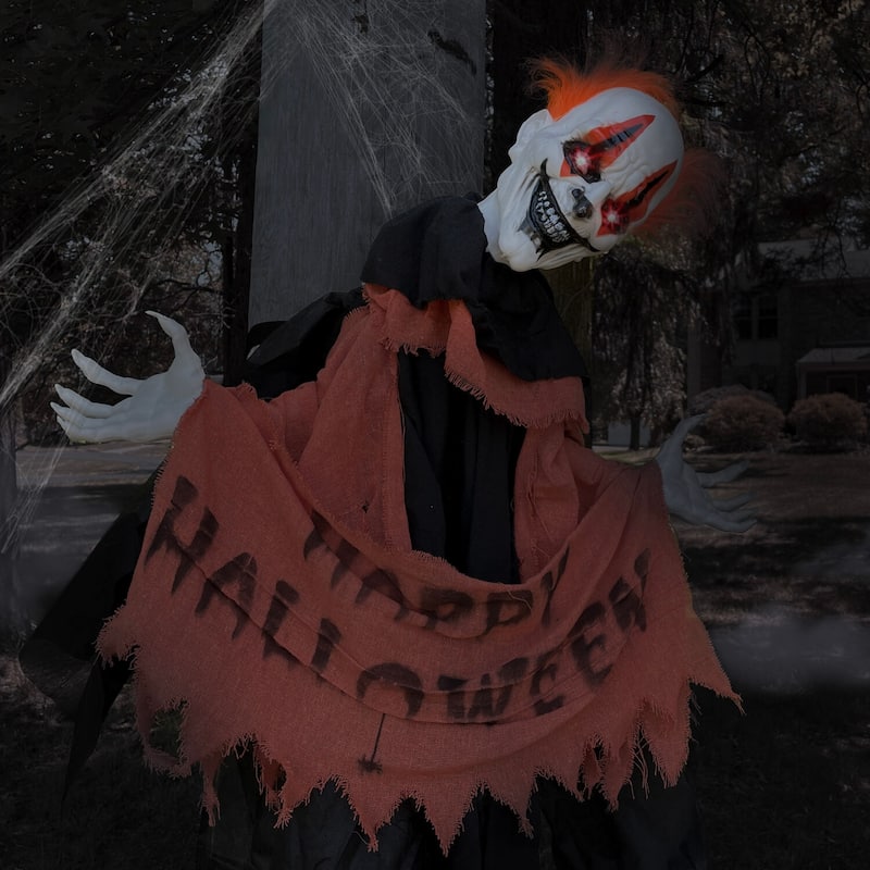 Haunted Hill Farm Twister the Clown Animatronic Tree Hugger with Movement, Sounds, and Light-Up Eyes for Halloween Decoration
