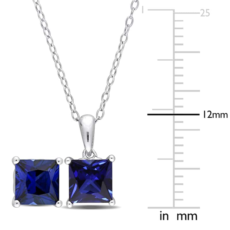 Miadora 4ct TGW Square Created Blue Sapphire Solitaire Necklace & Stud Earrings Set Sterling Silver