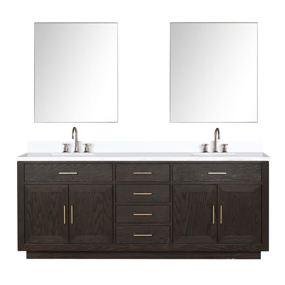 Abbey 60 in W x 22 in D Black Oak Double Bath Vanity, White Quartz Top, Faucet Set, and 28 in Mirrors