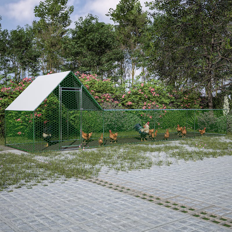 GDFStudio - Leonard Extended Outdoor Metal Chicken Coop with Secure Walk-In Design for Poultry and Small Animals