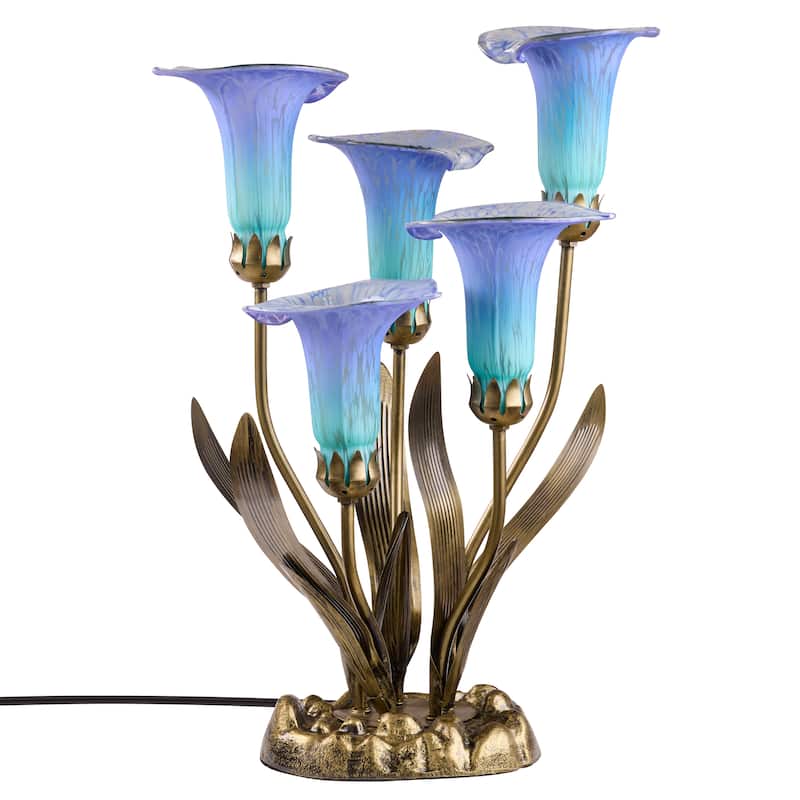 20-inch Antique Brass and Hand Blown Glass 5 Calla Lily Uplight Accent Lamp - 15" x 14" x 20"