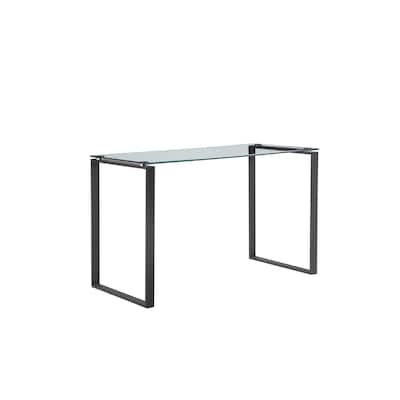 Elen 47 Inch Desk, Rectangular Tempered Glass, Black Powder Coated Metal