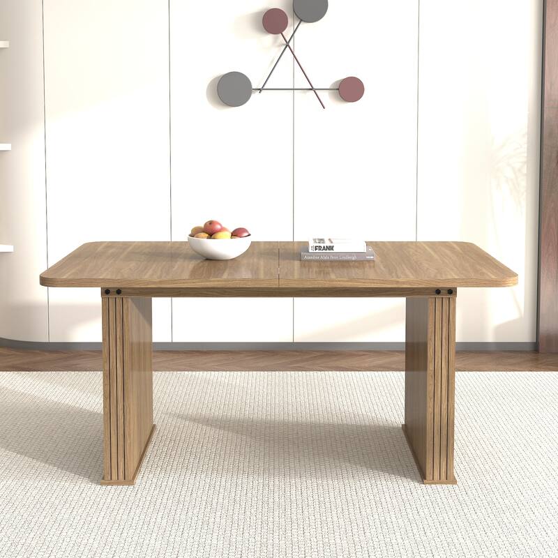 Modern Dining Table for 6-10 People, Wood Kitchen Table with Double Robust Pedestal - Brown