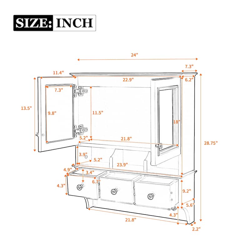 24" Wall Mounted 4-in-1 Bathroom Mirror Cabinet with Drawers & Hooks, High-Definition Medicine Cabinet with Storage for Vanity