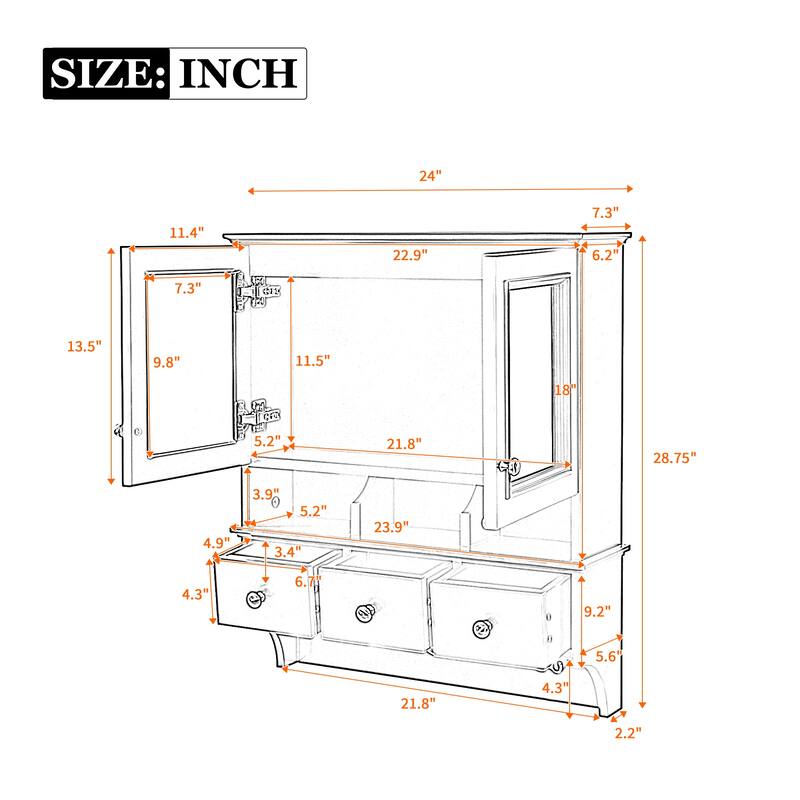 Anmytek 24 Inch 4 in 1 Bathroom Mirror Cabinet Wall Mounted Medicine Cabinet with Drawers and Organizer Hooks