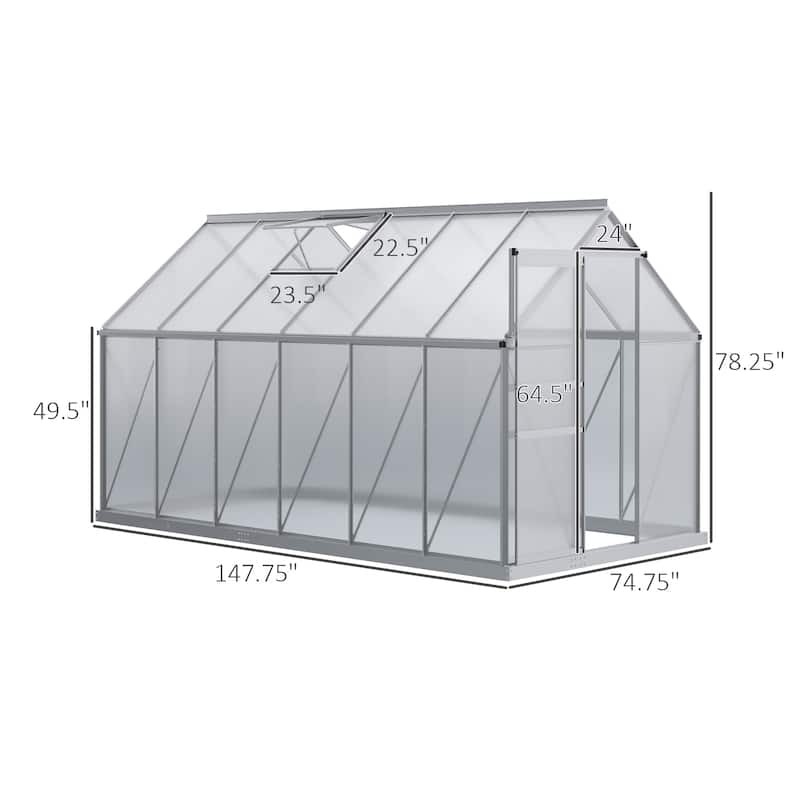 Outsunny 12' x 6' Aluminum Greenhouse, Polycarbonate Walk-in Garden Greenhouse Kit with Adjustable Roof Vent