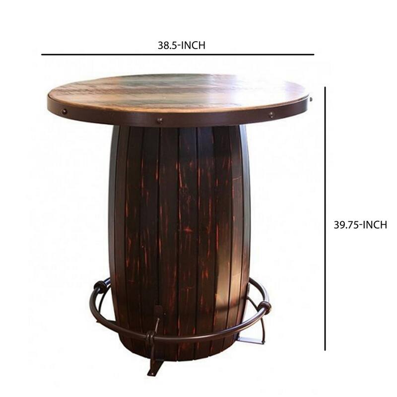 40 Inch Bistro Table, Drum Base and Round Top, Barrel Design, Brown Tones
