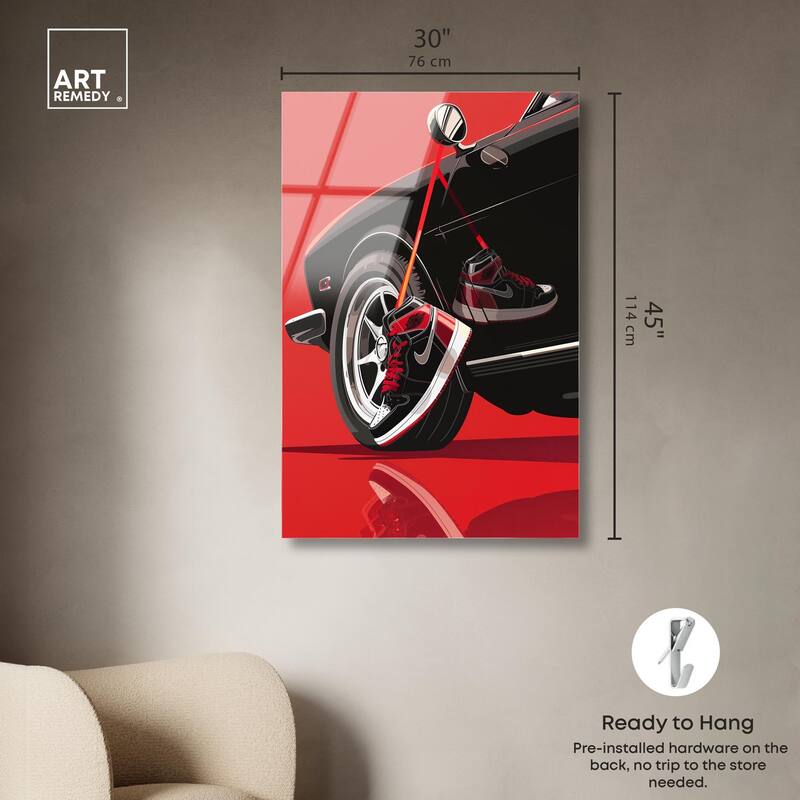 Red Bold Sneaker and Car Acrylic by Art Remedy, Ready to Hang