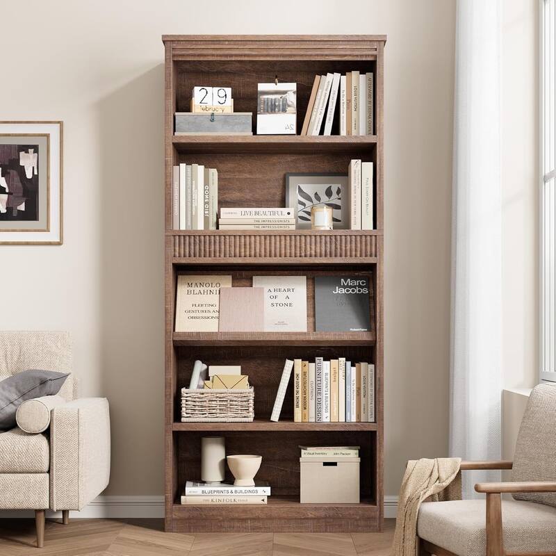 5-Tier Wooden Bookshelf, Sturdy Bookcase Perfect for Living Room, Bedroom - N/A - Brown