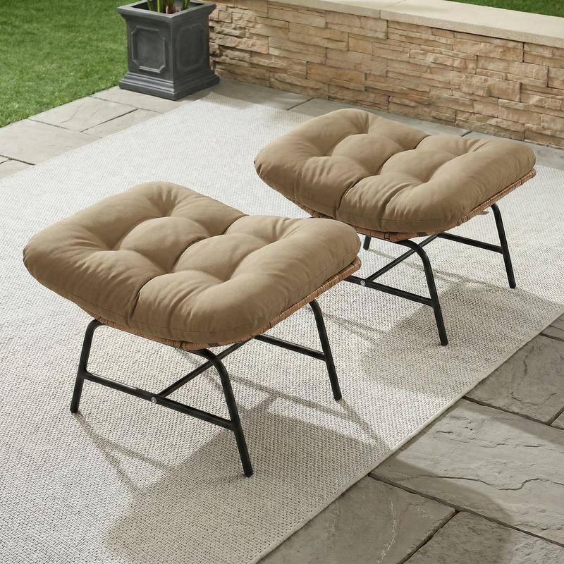 2-Piece Outdoor Wicker Ottomans with Cushions, Weather-Resistant Boho Patio Rattan Footrests for Garden, Porch, and Balcony - Brown