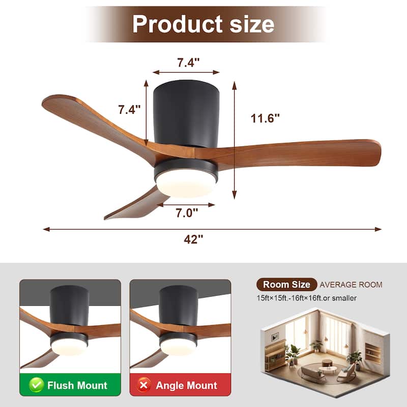 Sofucor 42" Low Profile Flush Mount Ceiling Fan with Lights Remote Control,with 3 Solid Wood Blades,Reversible,Dimmable