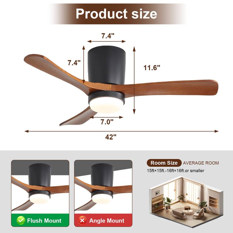 Sofucor 42“/52"/60"/48" Noiseless Walnut Wood Ceiling Fan with Remote Control, Integrated Light Optional