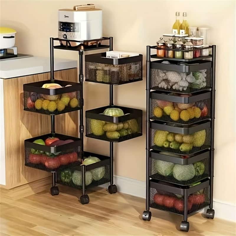 5-Tier Rotating Storage Shelf, Square Metal Kitchen Cart with Wheels