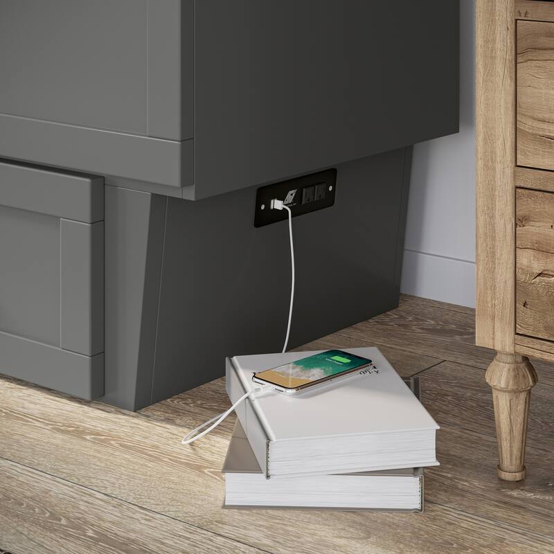 Chelsea Queen Murphy Bed Chest with 6" Mattress, Storage Drawer & Built-In Charger in Grey