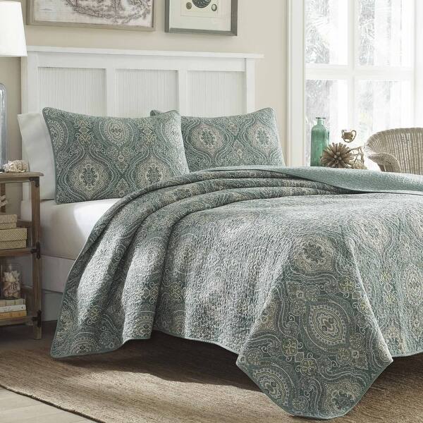 slide 1 of 6, Tommy Bahama Turtle Cove Cotton Reversible Lagoon Quilt Set King