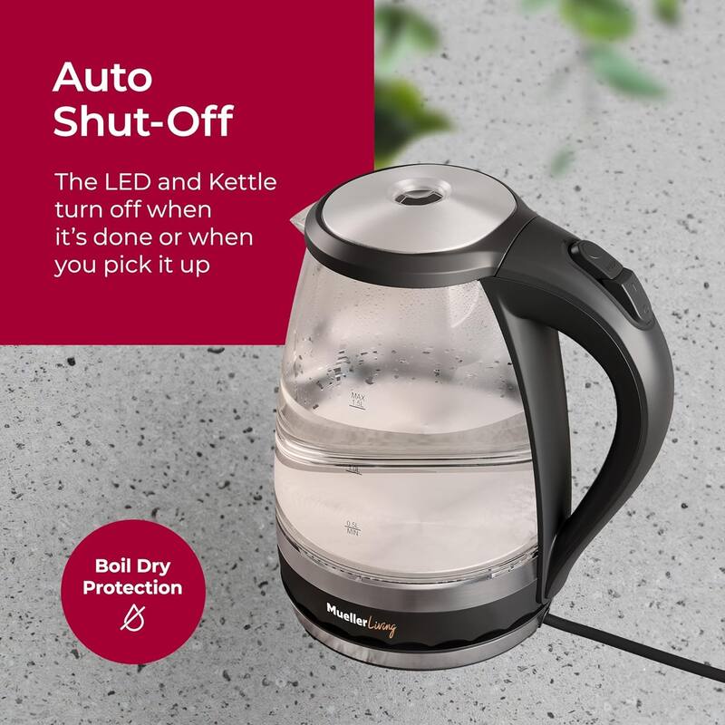 MuellerLiving Electric Glass Kettle 1.5L 1500W LED Light, Automatic Shut-Off with SpeedBoil Tech and Boil-Dry Protection - 1.5 L