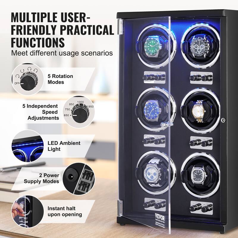 VEVOR Watch Winder with 1-8 for Men's and Women's Automatic Watches with Super Quiet Japanese Mabuchi Motors LED Lights