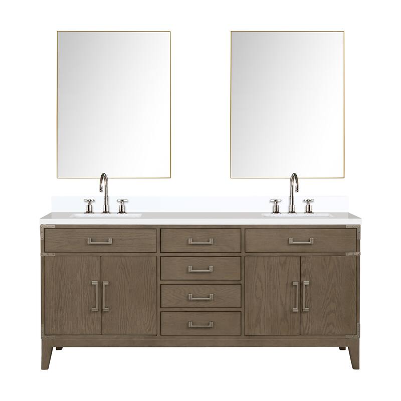 Laurel 60 in W x 22 in D Black Oak Double Bath Vanity, White Quartz Top, Faucet Set, and 28 in Mirrors