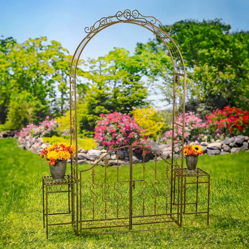 96 Inch Tall Iron Garden Gate Arch with Plant Stands - Iron - Bronze - Large