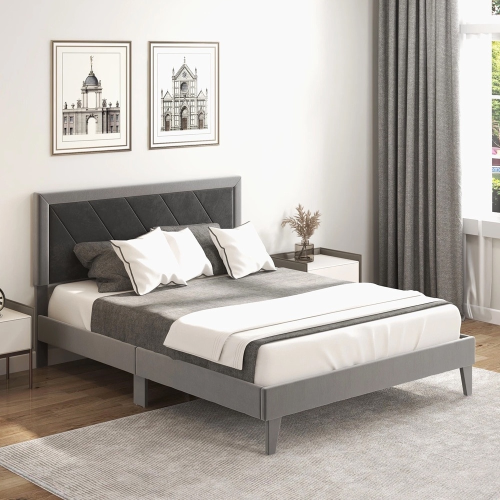 Queen Bed Frame Upholstered Platform Velvet Headboard Wooden Gray