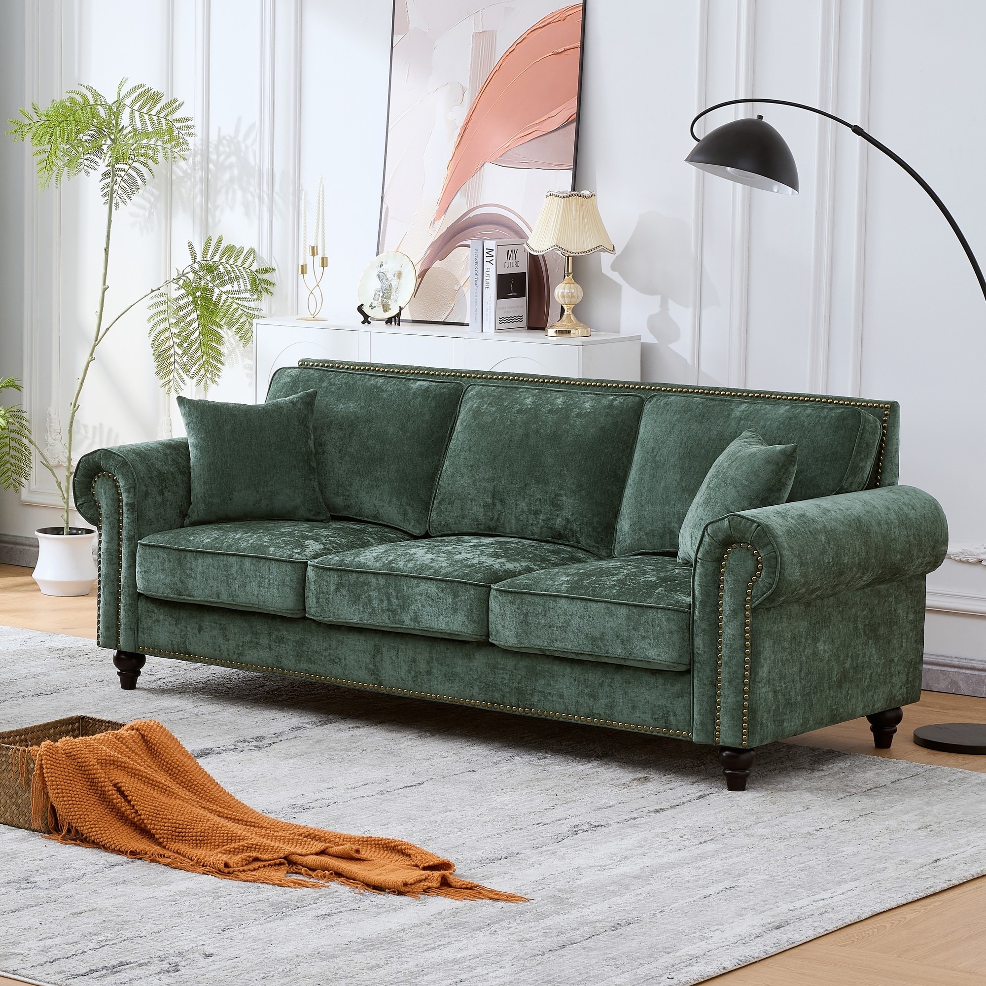 Oversized Chenille Upholstered Sofa, 3-Seater Sofa with Rolled Arms & Nailhead Trim, Lounge Sofa with Solid Wood Legs