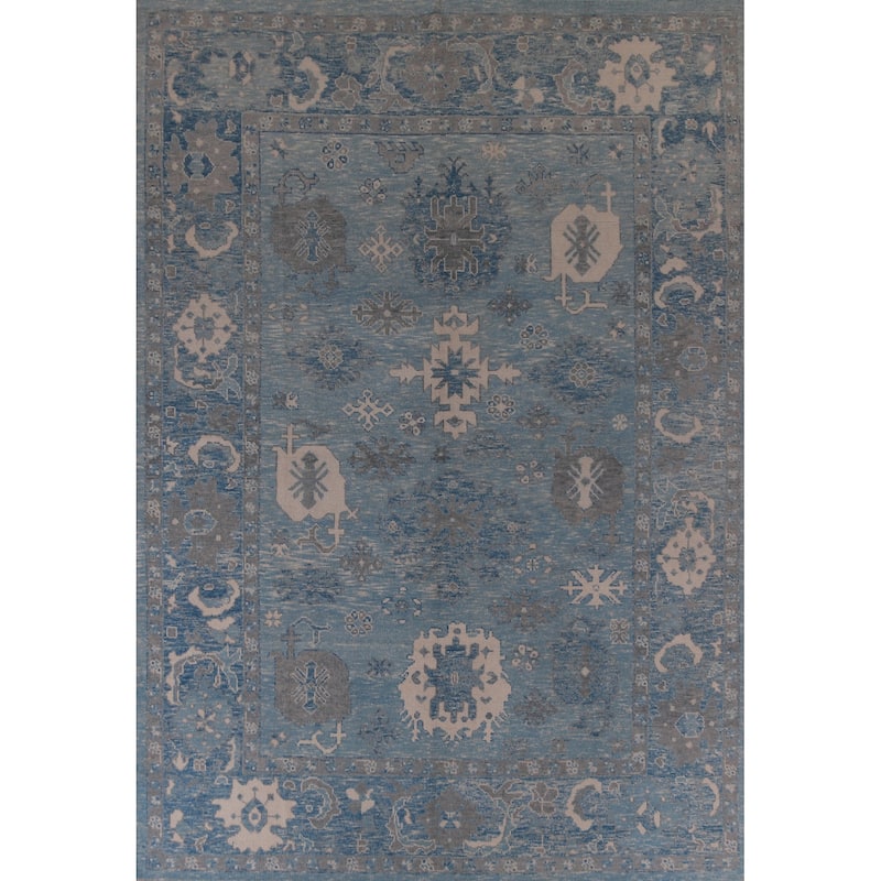 Hand Knotted Oriental 100% Wool Carpet Transitional All-Over Navy Blue & Blues Oushak Area Rug - 12' 9'' X 9' 1''
