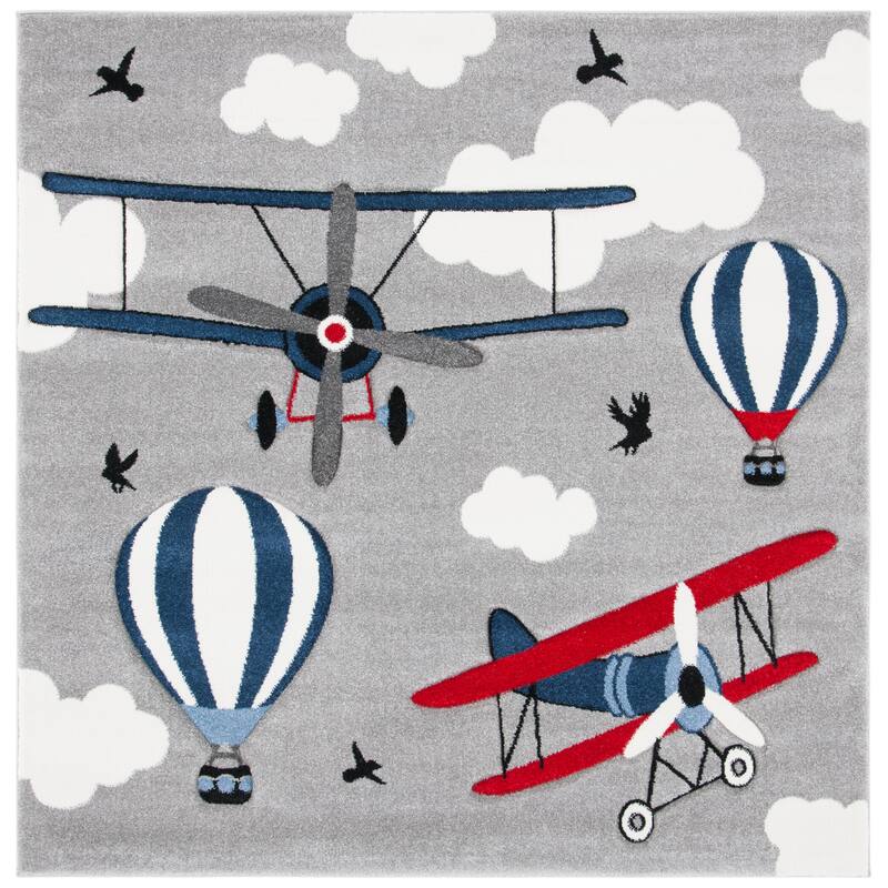 SAFAVIEH Carousel Kids Turi Airplane Rug - 5'3" Square - Light Grey/Red - Square