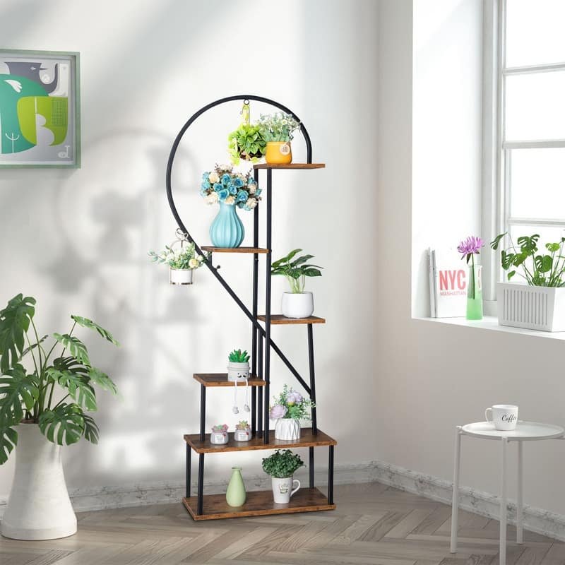 6 Layers Half Heart Iron Wood Plant Stand Flower Pot Stand