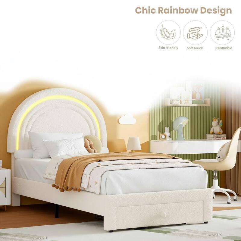 Upholstered LED Bed Frame, with Storage Drawer