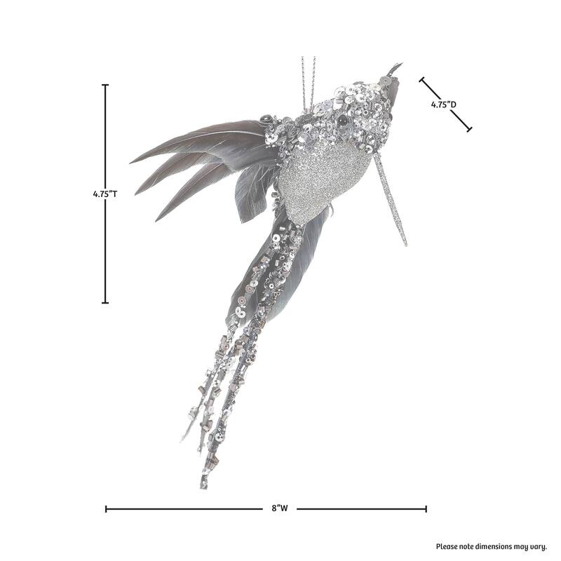 6ct Silver Glitter Sequin Beaded Hummingbird Christmas Ornaments 6.5"