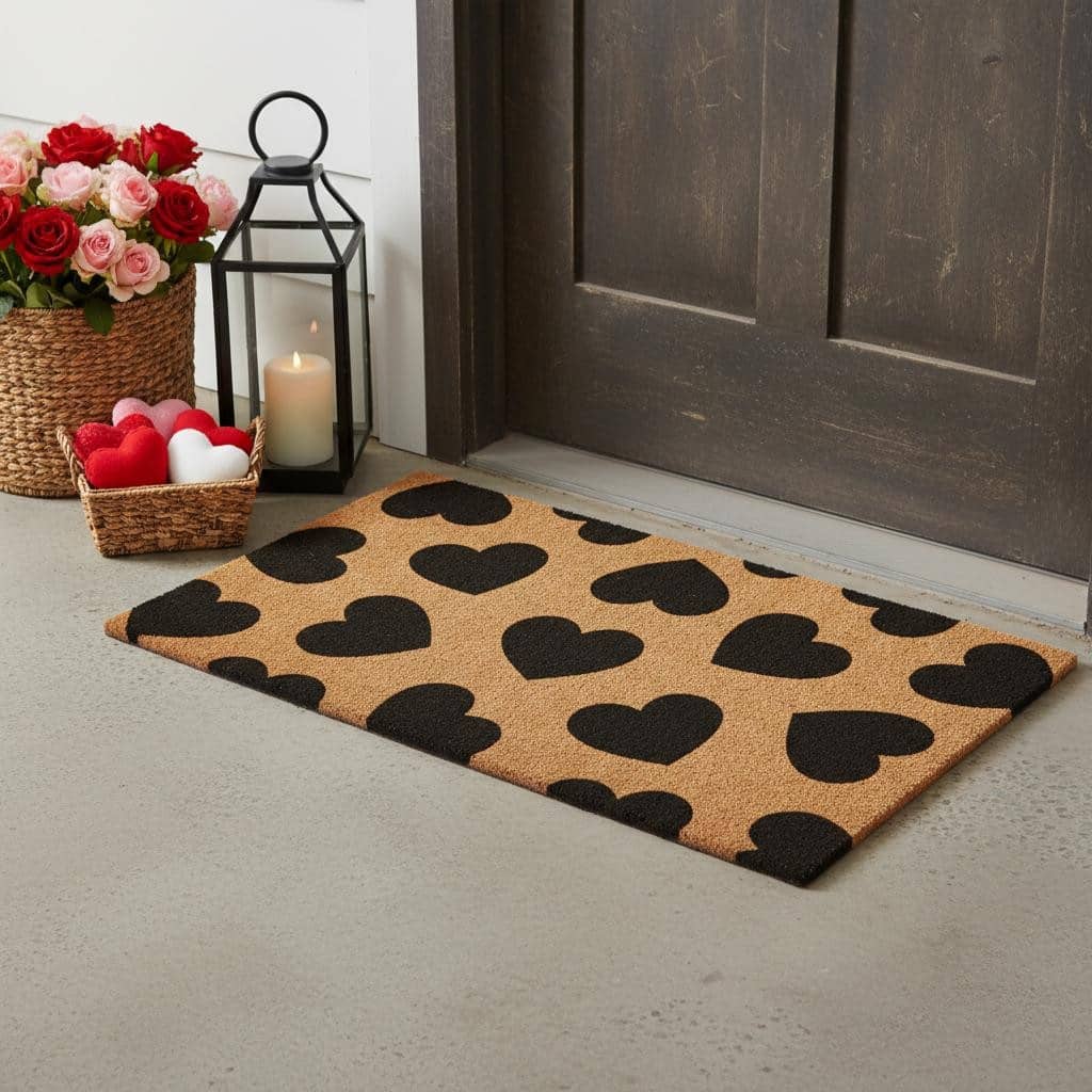 HomeRoots 24" X 36" Brown And Black Hearts Outdoor Coir Door Mat - 24.00' X '36.00