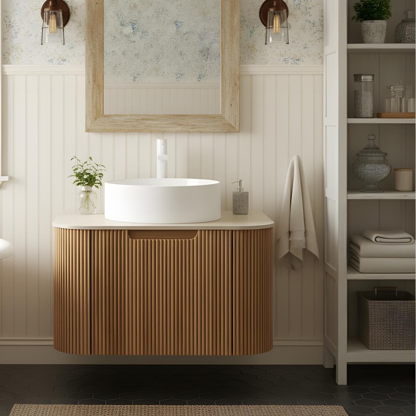 Wall Mounted Bathroom with White Round Ceramic Basin and Drawer