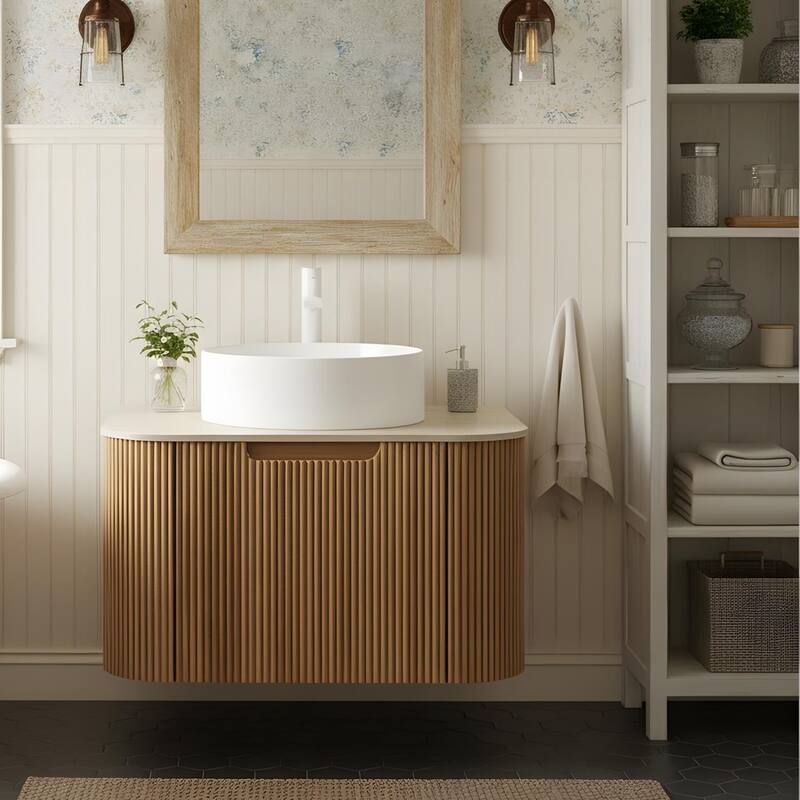 Wall Mounted Bathroom with White Round Ceramic Basin and Drawer - Light Natural Wood - 30
