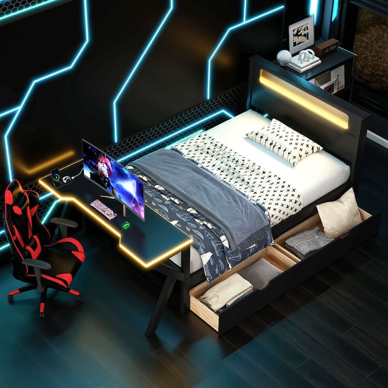 Wooden Gaming Platform Bed with LED Headboard, LED Desk, USB and 2 Storage Drawers, Black Bed Frame - Black - Twin