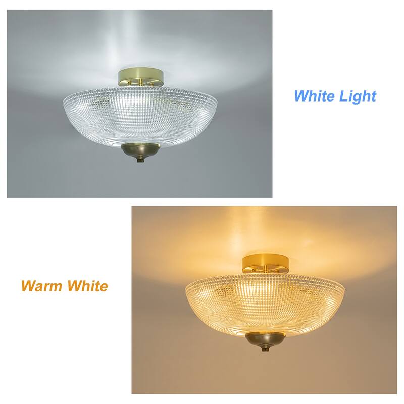 Industrial 3-Light Gold Semi Flush Mount Lights with Grid Textured Glass - Brass