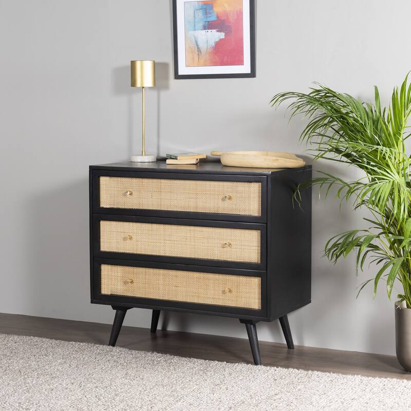 Glenda Solid Wood Three-Drawer Chest with Natural Cane