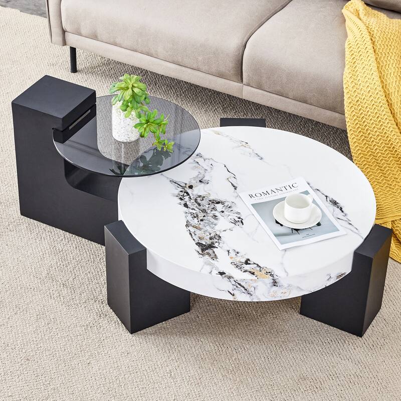 Modern Round Coffee Table with MDF L-Shaped Legs and Double-Layer Design for Living Room - White+Black