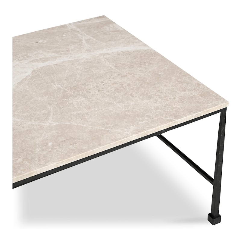 NADAAL STUDIOS Tylienne Coffee Table, Italian Botticino Marble, Hammered Blackened Iron Base