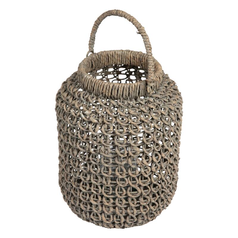 Whitewashed Woven Water Hyacinth Lantern with Glass Insert