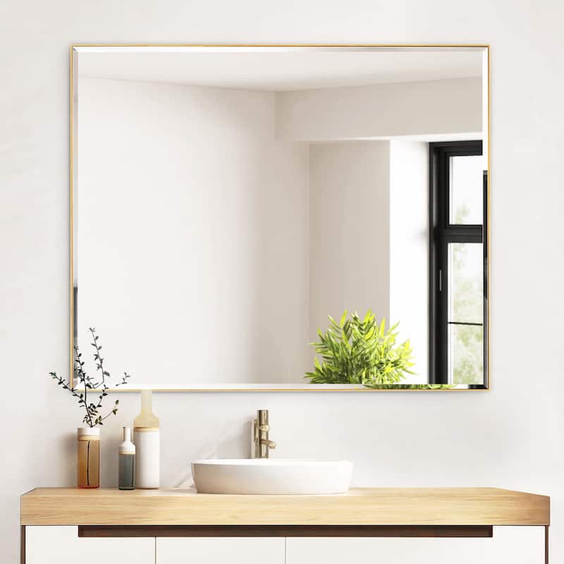 Aluminum Framed Rectangle Beveled Bathroom Wall Mirror - 36"W x 30"H - Gold